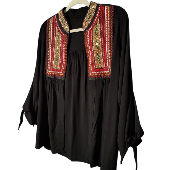 Moda Cache Womens Black Mexican Embroidered Artisan Peasant Open Front Top Large - Picture 2 of 11